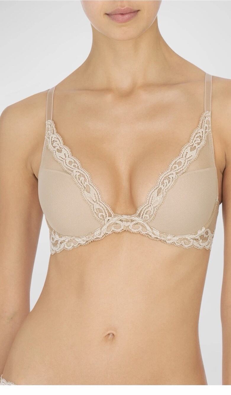 NWT NATORI 730023 FEATHERS CONTOUR PLUNGE BRA Cafe Nude Sz 34g (AD10)